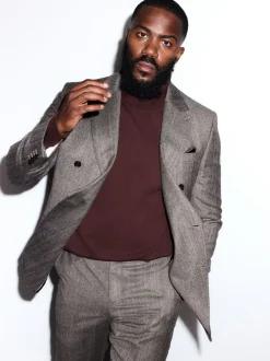 Pakken*Next Taupe bruin - Double Breasted Signature Marzotto 100% Italian Wool Herringbone Suit Jacket