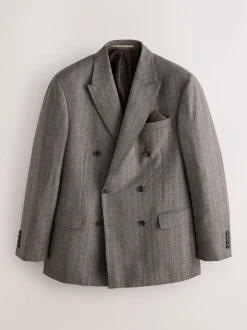Pakken*Next Taupe bruin - Double Breasted Signature Marzotto 100% Italian Wool Herringbone Suit Jacket