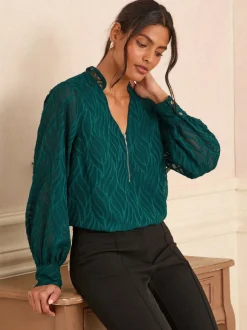 Blouses En Overhemden|Love & Roses - - Blouse met lange mouwen en rits aan de voorkant Teal Blue Burnout