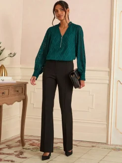 Blouses En Overhemden|Love & Roses - - Blouse met lange mouwen en rits aan de voorkant Teal Blue Burnout