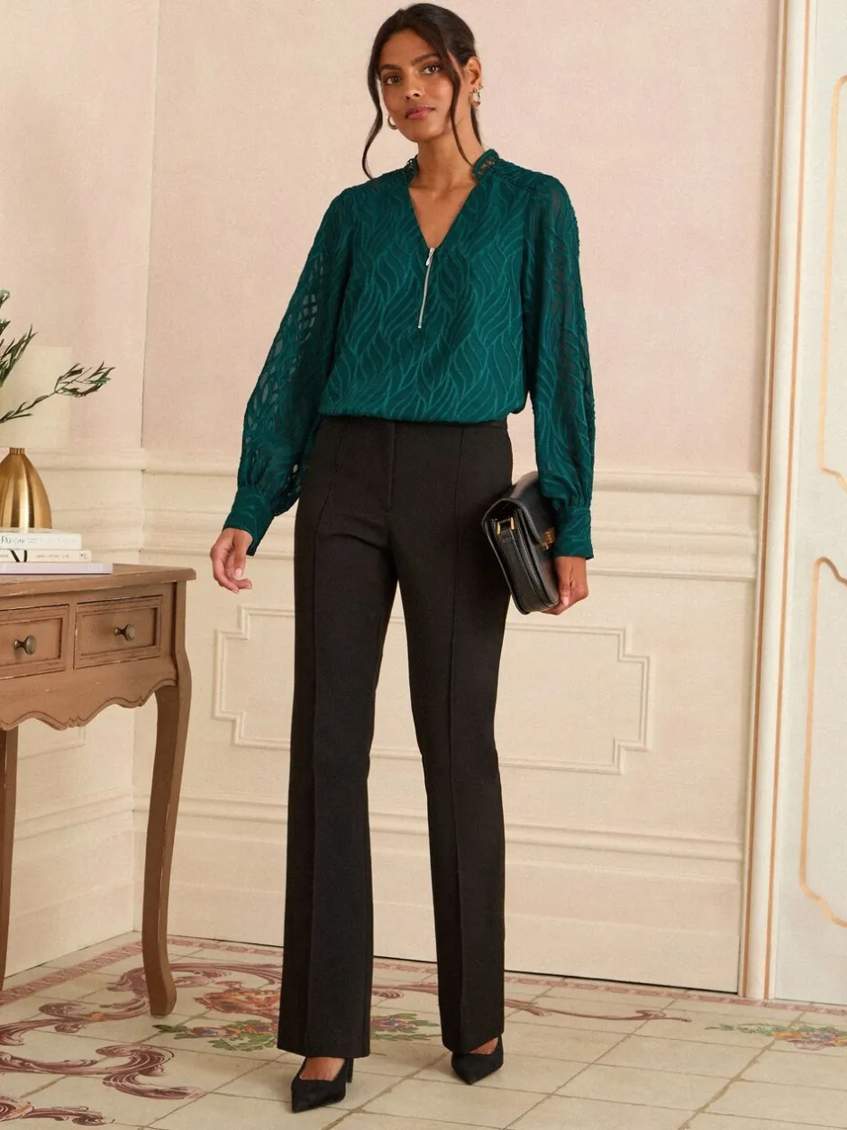 Blouses En Overhemden|Love & Roses - - Blouse met lange mouwen en rits aan de voorkant Teal Blue Burnout