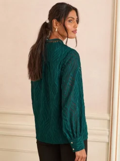 Blouses En Overhemden|Love & Roses - - Blouse met lange mouwen en rits aan de voorkant Teal Blue Burnout