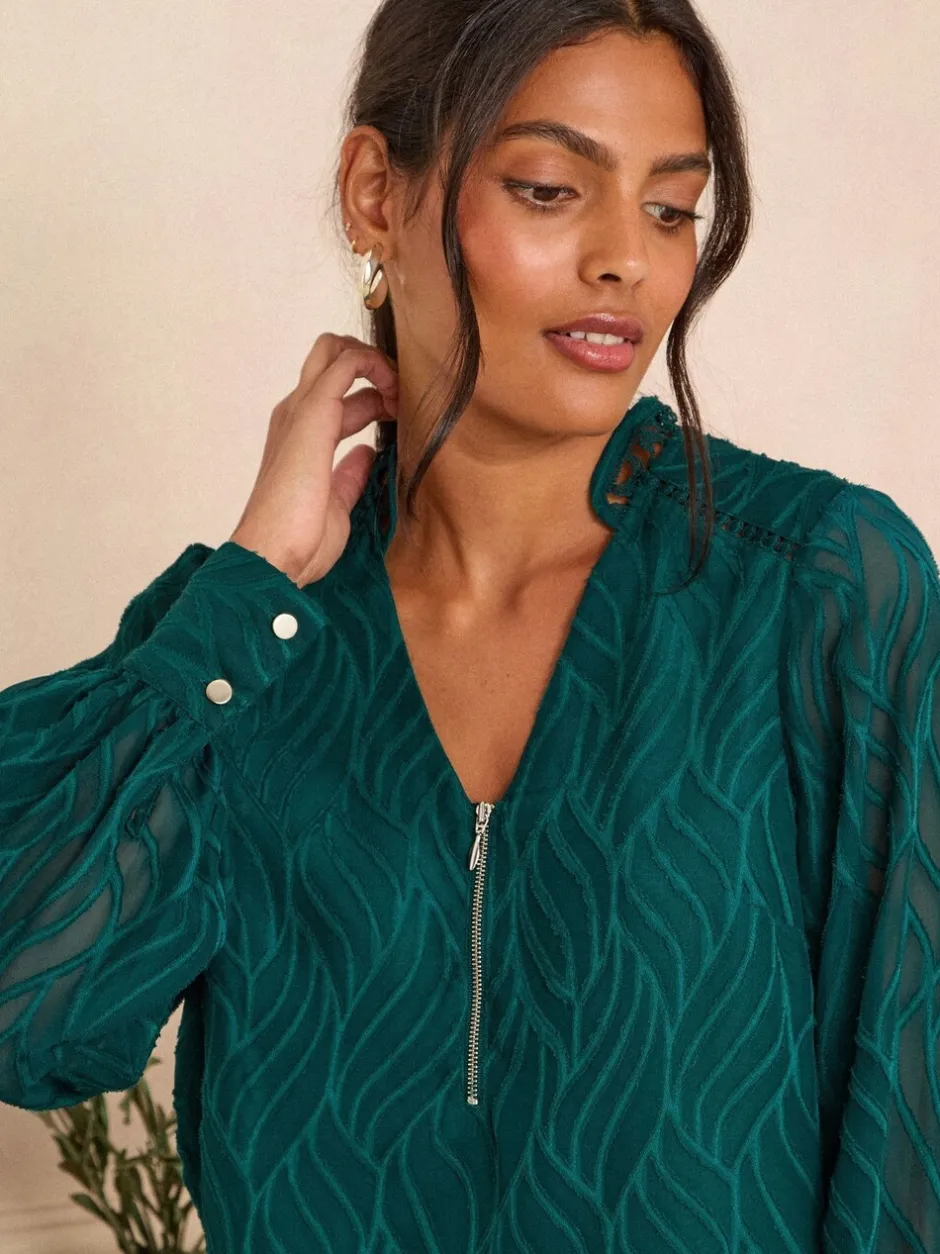 Blouses En Overhemden|Love & Roses - - Blouse met lange mouwen en rits aan de voorkant Teal Blue Burnout