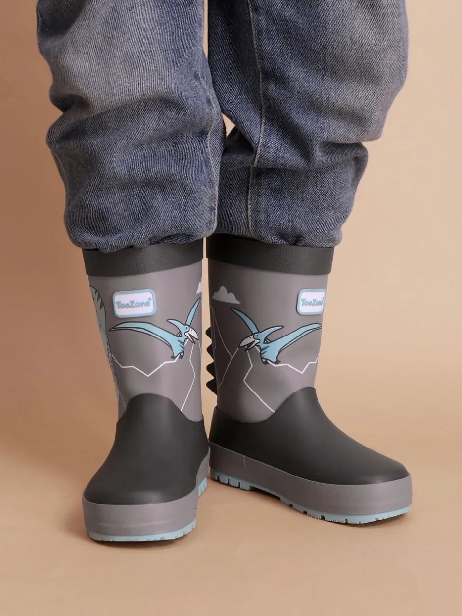 Laarzen*Toezone Boys Grey Dinosaur Waterproof Wellies