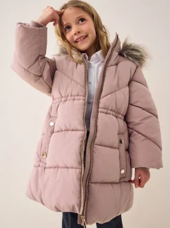 Schoolkleding|Jassen En Jacks*Next - Regenbestendige gewatteerde jas met imitatiebontrand (3 - 16 jr) Toffee met roze