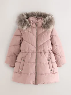 Schoolkleding|Jassen En Jacks*Next - Regenbestendige gewatteerde jas met imitatiebontrand (3 - 16 jr) Toffee met roze