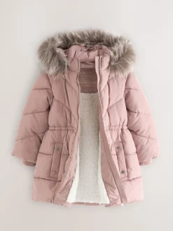 Schoolkleding|Jassen En Jacks*Next - Regenbestendige gewatteerde jas met imitatiebontrand (3 - 16 jr) Toffee met roze