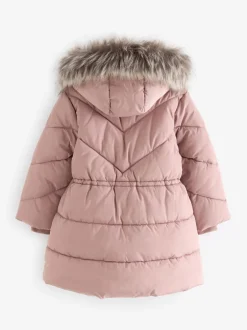 Schoolkleding|Jassen En Jacks*Next - Regenbestendige gewatteerde jas met imitatiebontrand (3 - 16 jr) Toffee met roze