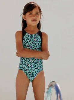Badkleding|Next - Sports Open Back Swimsuit (3-16yrs) Turquoise met dierenprint