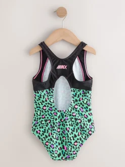 Badkleding|Next - Sports Open Back Swimsuit (3-16yrs) Turquoise met dierenprint