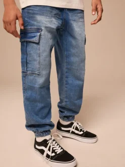 Jeans|Next - Cargo jeans met elastische taille (3-16 jr) Vintage blauw
