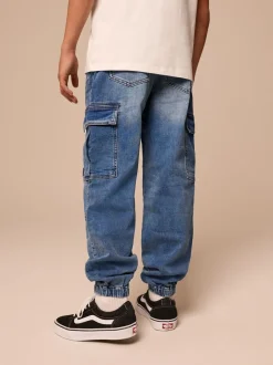 Jeans|Next - Cargo jeans met elastische taille (3-16 jr) Vintage blauw