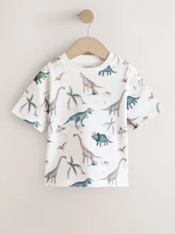 Tops|T-Shirts|Next - Short Sleeve All-Over Print T-Shirt (3 Month-7 Years) (3mths-7yrs) White Watercolour Dinosaurs