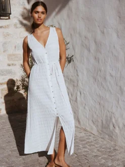Jurken|Next Wit - Button Through Tie Waist Sleeveless Maxi Dress