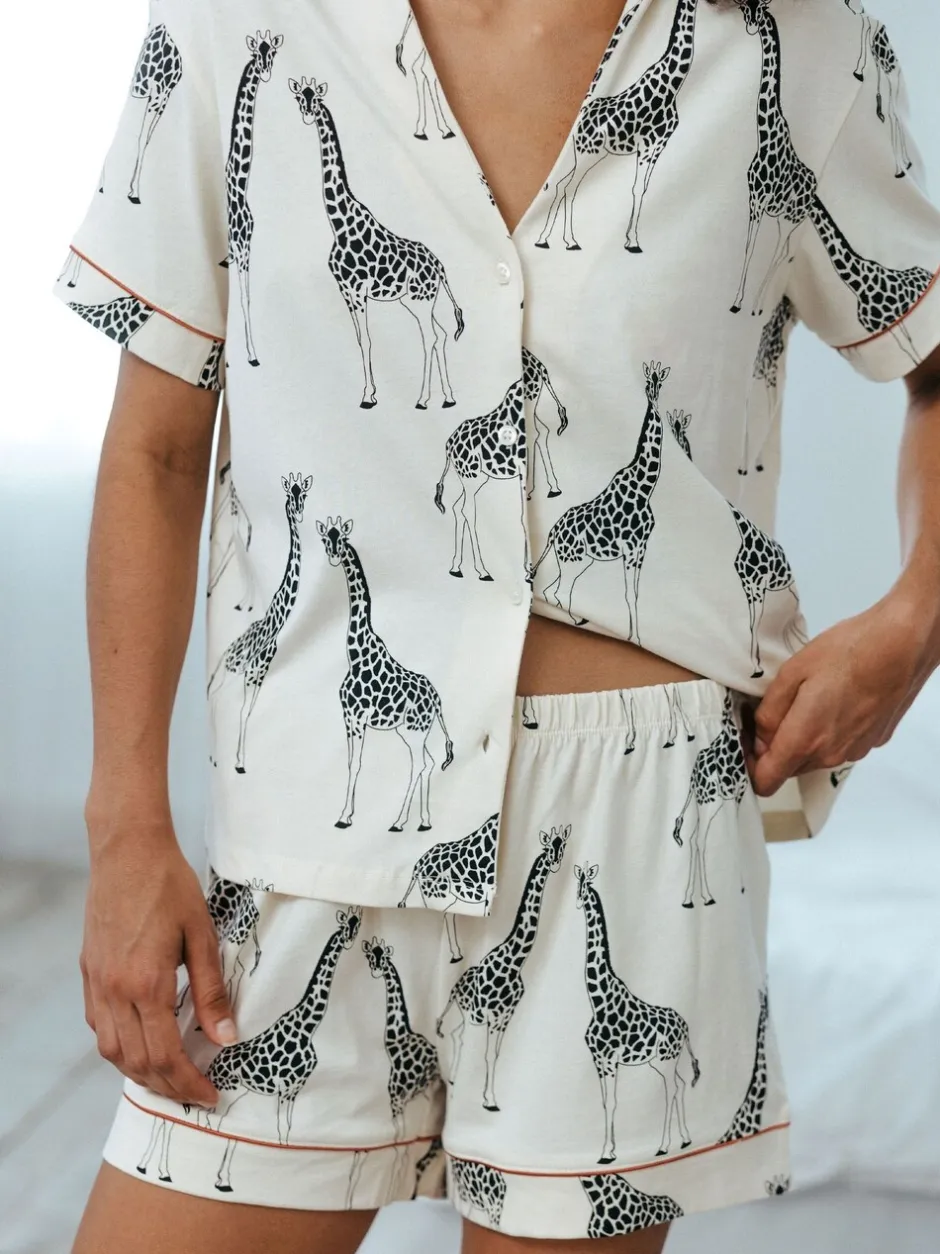 Pyjama's|Loungewear*Chelsea Peers - pyjamaset met korte broek en giraffenprint van katoen Wit