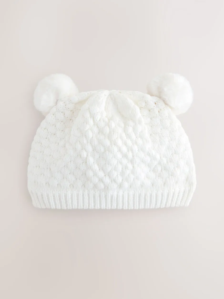 Mutsjes En Antikrabwantjes|Mutsen, Handschoenen En Sjaals|Next Wit - Gebreide Baby muts met dubbele pompon (0mnd-2jr)