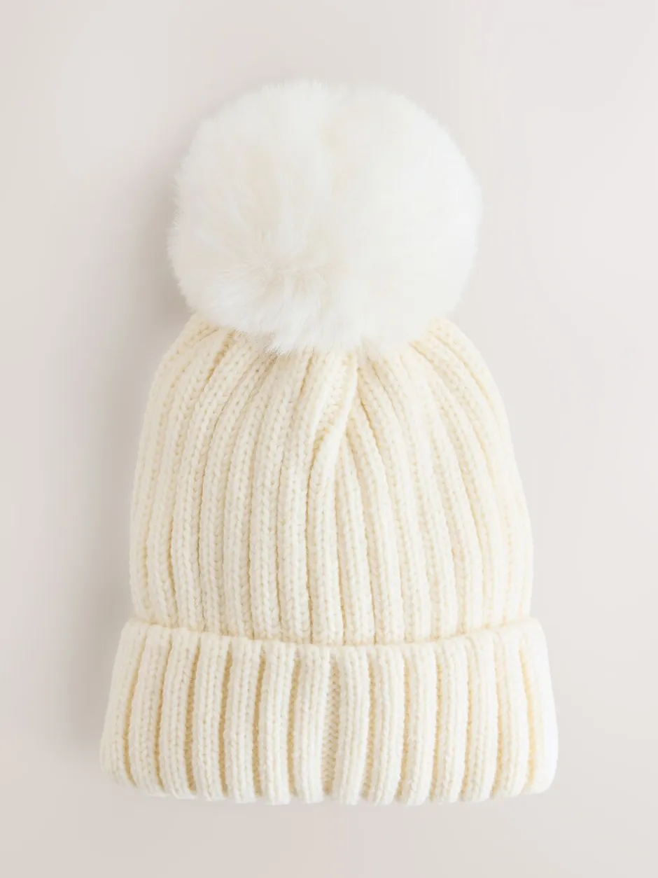 Mutsen, Handschoenen En Sjaals*Next Wit - Geribbelde beanie-muts met pompon (3mnd -16jr)