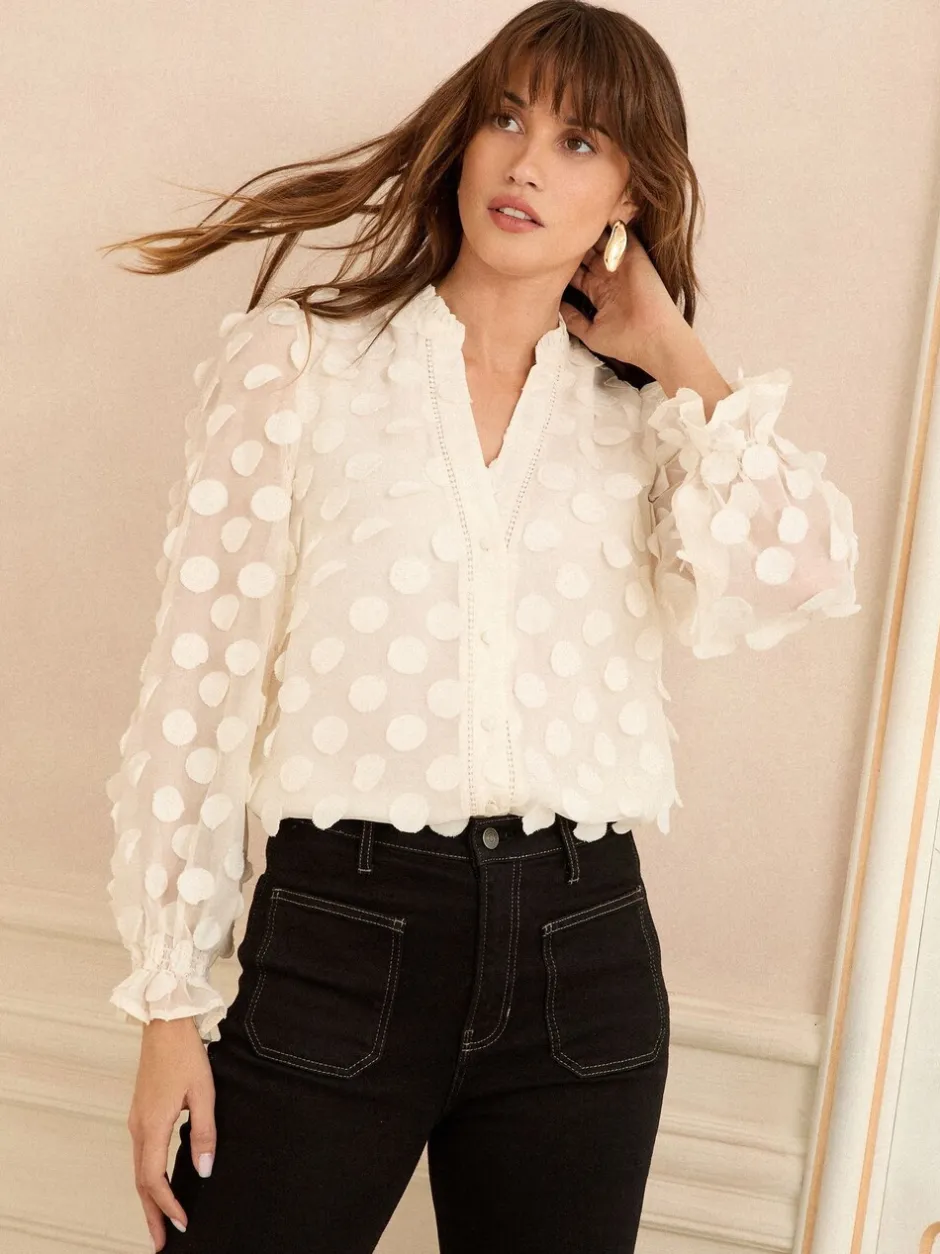 Gelegenheidskleding|Blouses En Overhemden|Love & Roses - 3D blouse met lange mouwen en stippen Wit
