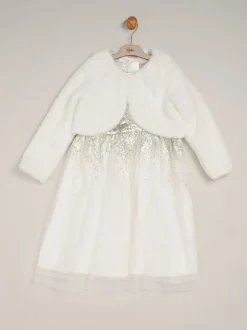 Gelegenheidskleding|Miss - Waterfall Sequin Dress and Faux Fur Bolero Set Wit