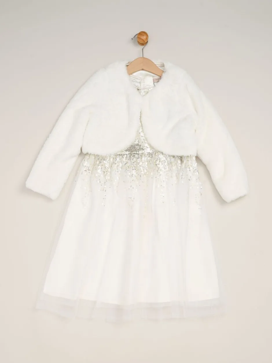Gelegenheidskleding|Miss - Waterfall Sequin Dress and Faux Fur Bolero Set Wit