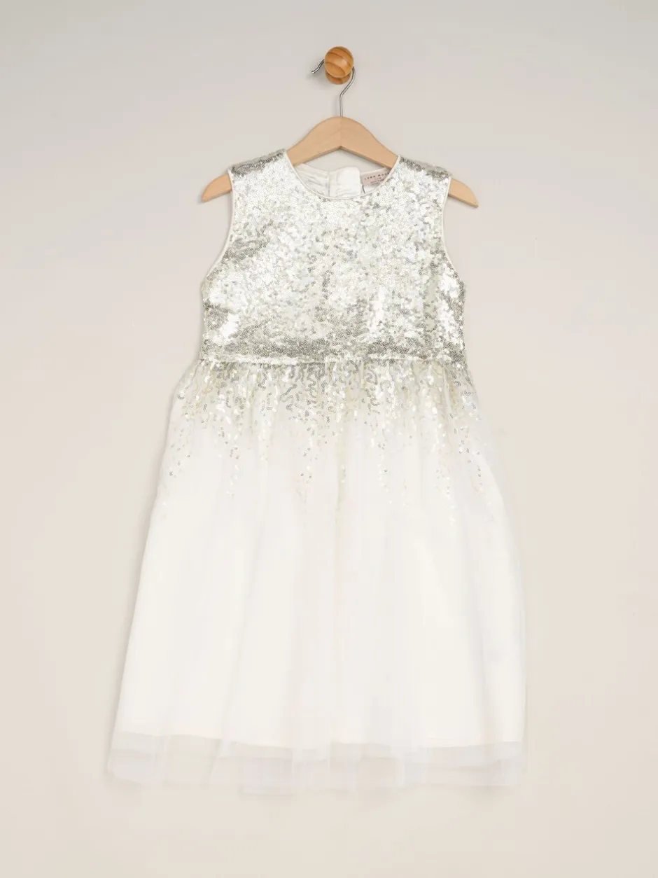 Gelegenheidskleding|Miss - Waterfall Sequin Dress and Faux Fur Bolero Set Wit
