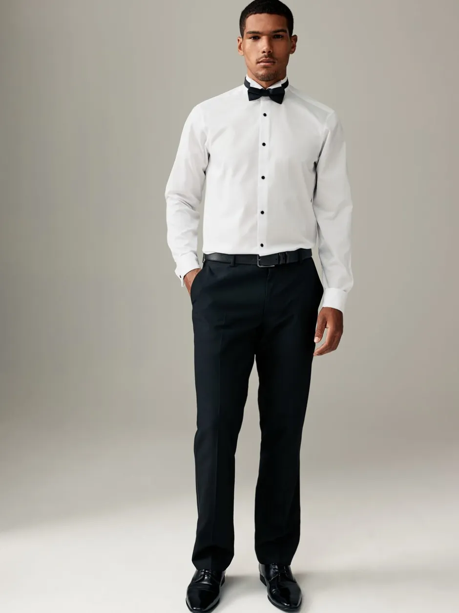 Formele Overhemden*Next Wit - Normale Pasvorm - Textured Double Cuff Long Sleeve Shirt With Wing Collar And Bow Tie Pack