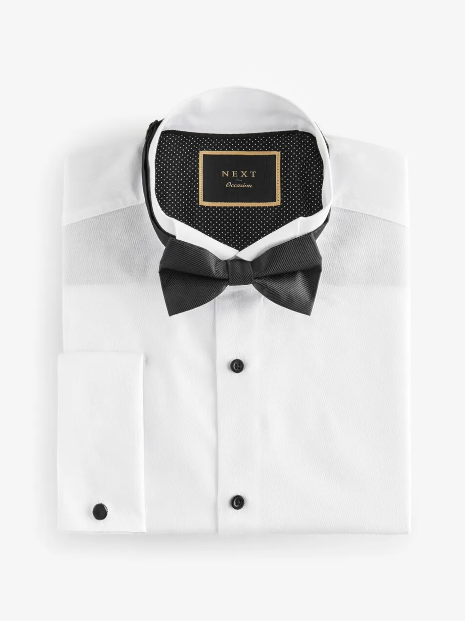 Formele Overhemden*Next Wit - Normale Pasvorm - Textured Double Cuff Long Sleeve Shirt With Wing Collar And Bow Tie Pack