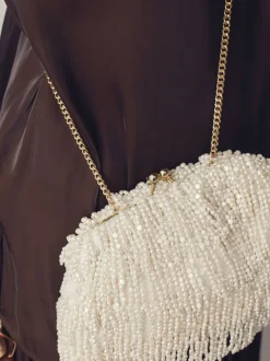 Tassen En Portemonnees|Next Wit - Pearl Effect Embellished Fringe Clutch Bag