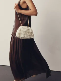 Tassen En Portemonnees|Next Wit - Pearl Effect Embellished Fringe Clutch Bag