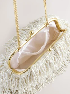 Tassen En Portemonnees|Next Wit - Pearl Effect Embellished Fringe Clutch Bag