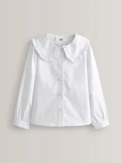 Overhemden En Blouses|Next Wit - Premium schoolblouse met stretch, kraag met ruches en lange mouwen (3-14jr)