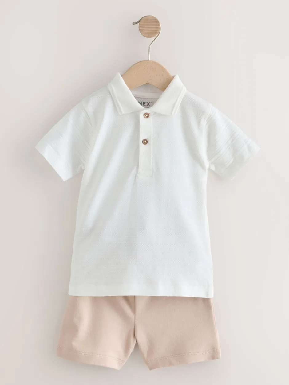 Shorts*Next Wit - Set van poloshirt met textuur en korte mouwen en shorts (3 mnd - 7 jr)