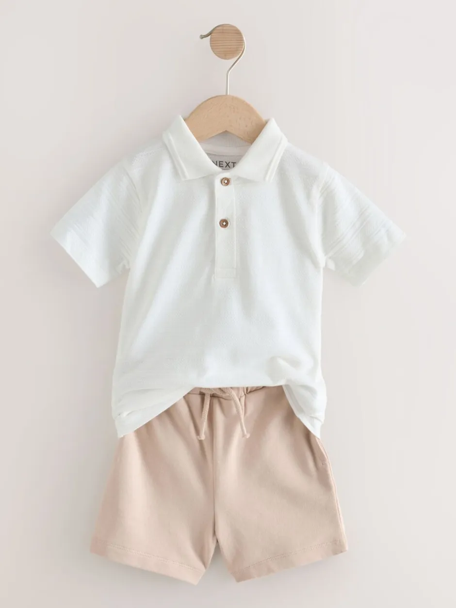 Shorts*Next Wit - Set van poloshirt met textuur en korte mouwen en shorts (3 mnd - 7 jr)