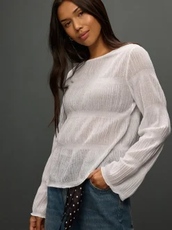 Blouses En Overhemden*Next - Shirred Long Sleeve Crew Neck Top Wit