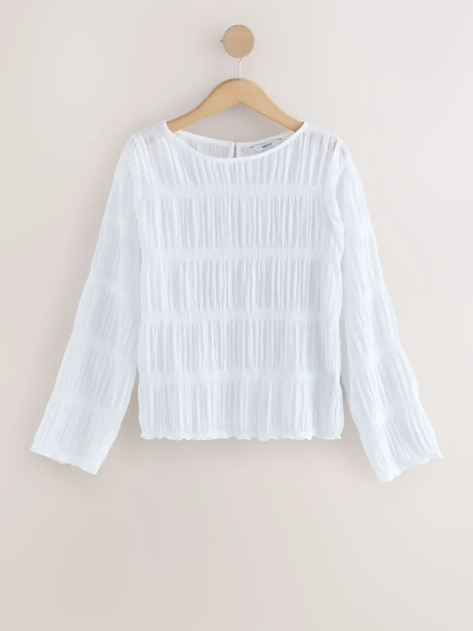 Blouses En Overhemden*Next - Shirred Long Sleeve Crew Neck Top Wit