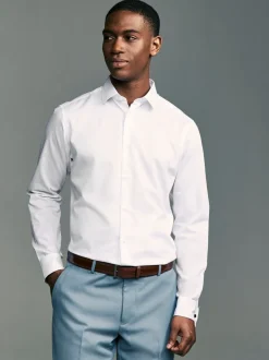 Formele Overhemden|Next - Slim Fit - Eenvoudig te strijken slim fit overhemd met textuur en dubbele manchetten Wit