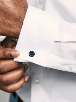 Formele Overhemden|Next - Slim Fit - Eenvoudig te strijken slim fit overhemd met textuur en dubbele manchetten Wit