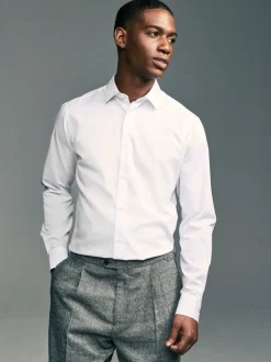 Formele Overhemden|Next Wit - Slim Fit - Onderhoudsvriendelijk, getextureerd, slim fit overhemd met enkele manchet