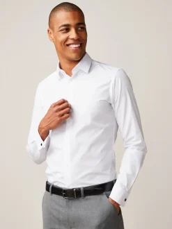 Formele Overhemden|Shirts|Next - Slim Fit - Strijkvrij net overhemd met dubbele manchet Wit