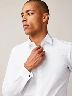 Formele Overhemden|Shirts|Next - Slim Fit - Strijkvrij net overhemd met dubbele manchet Wit
