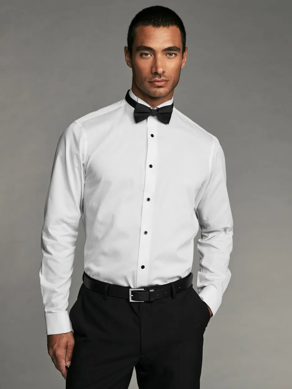 Formele Overhemden*Next Wit - Slim Fit - Textured Double Cuff Long Sleeve Shirt With Wing Collar And Bow Tie Pack