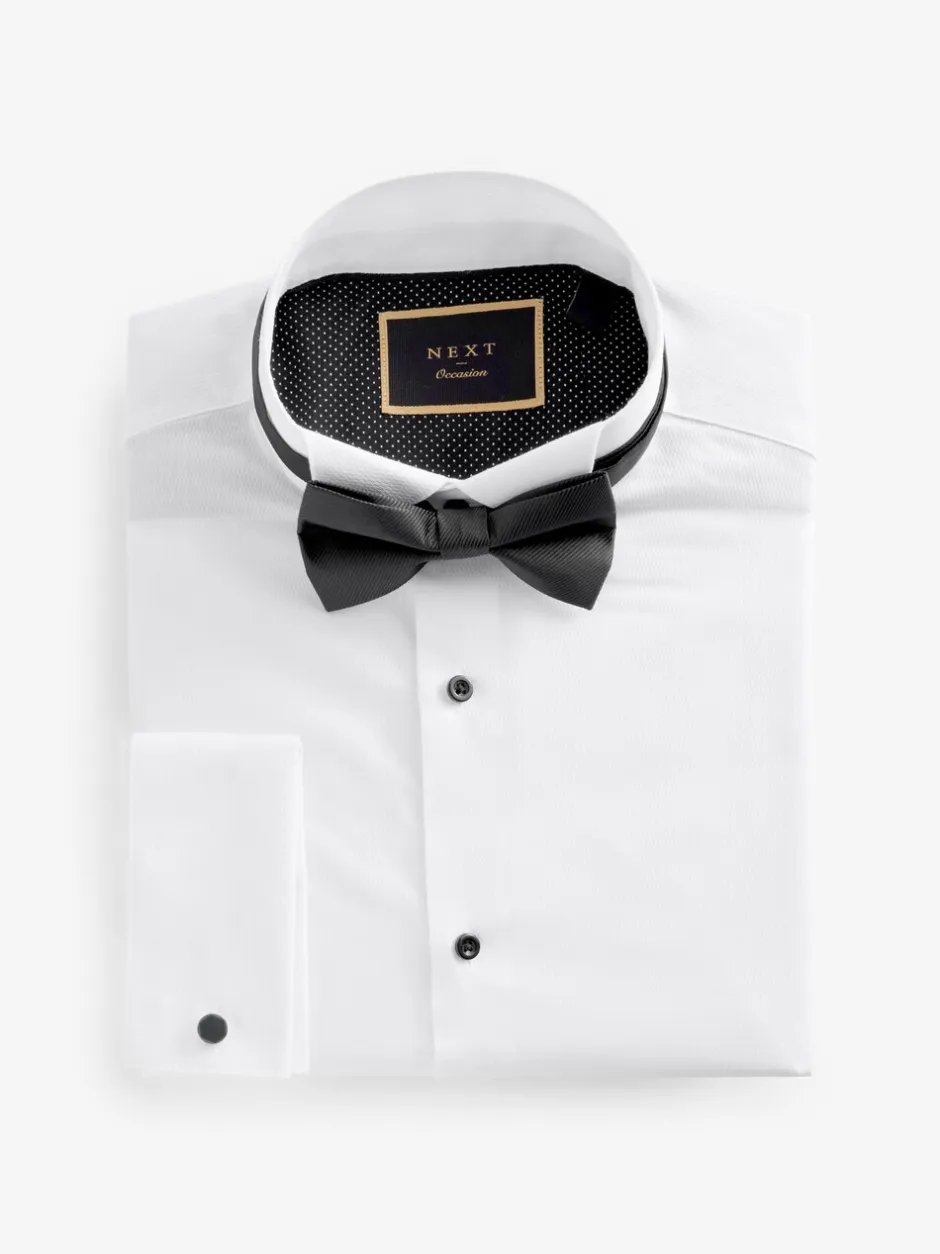 Formele Overhemden*Next Wit - Slim Fit - Textured Double Cuff Long Sleeve Shirt With Wing Collar And Bow Tie Pack