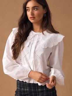 Blouses En Overhemden|Next Wit - Statement Collar Broderie Long Sleeve Blouse