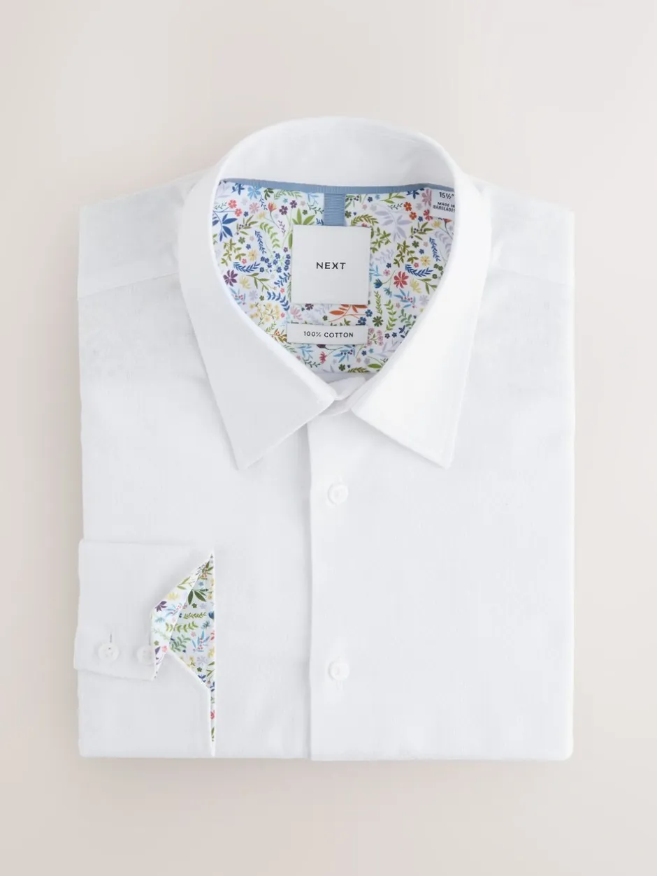 Shirts|Next Wit - Strakke Pasvorm - Textured Long Sleeve Formal Shirt with Trim