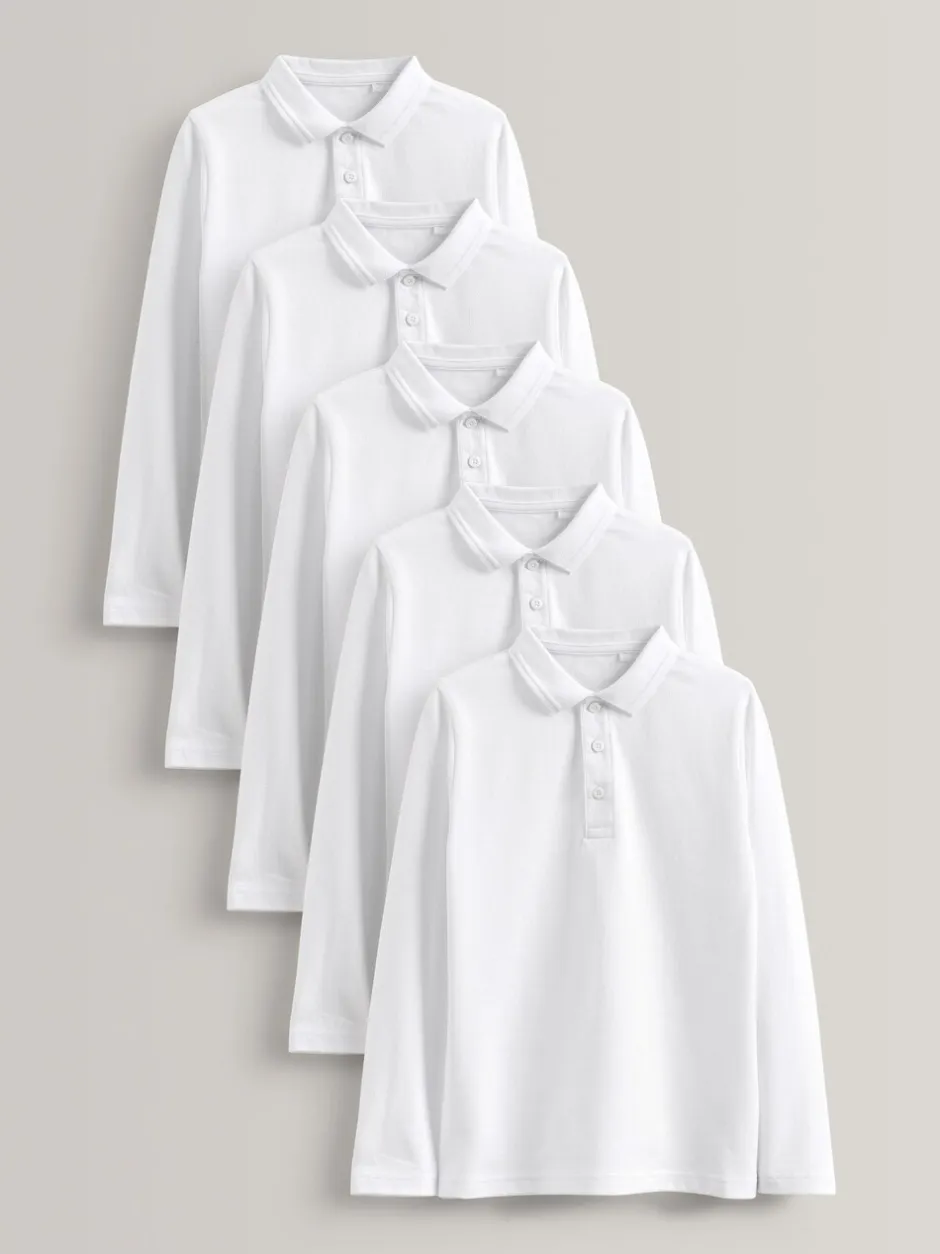 Schoolkleding*Next Wit - Verpakking van 5 100% katoenen schoolpoloshirts met lange mouwen (3-16 jr)