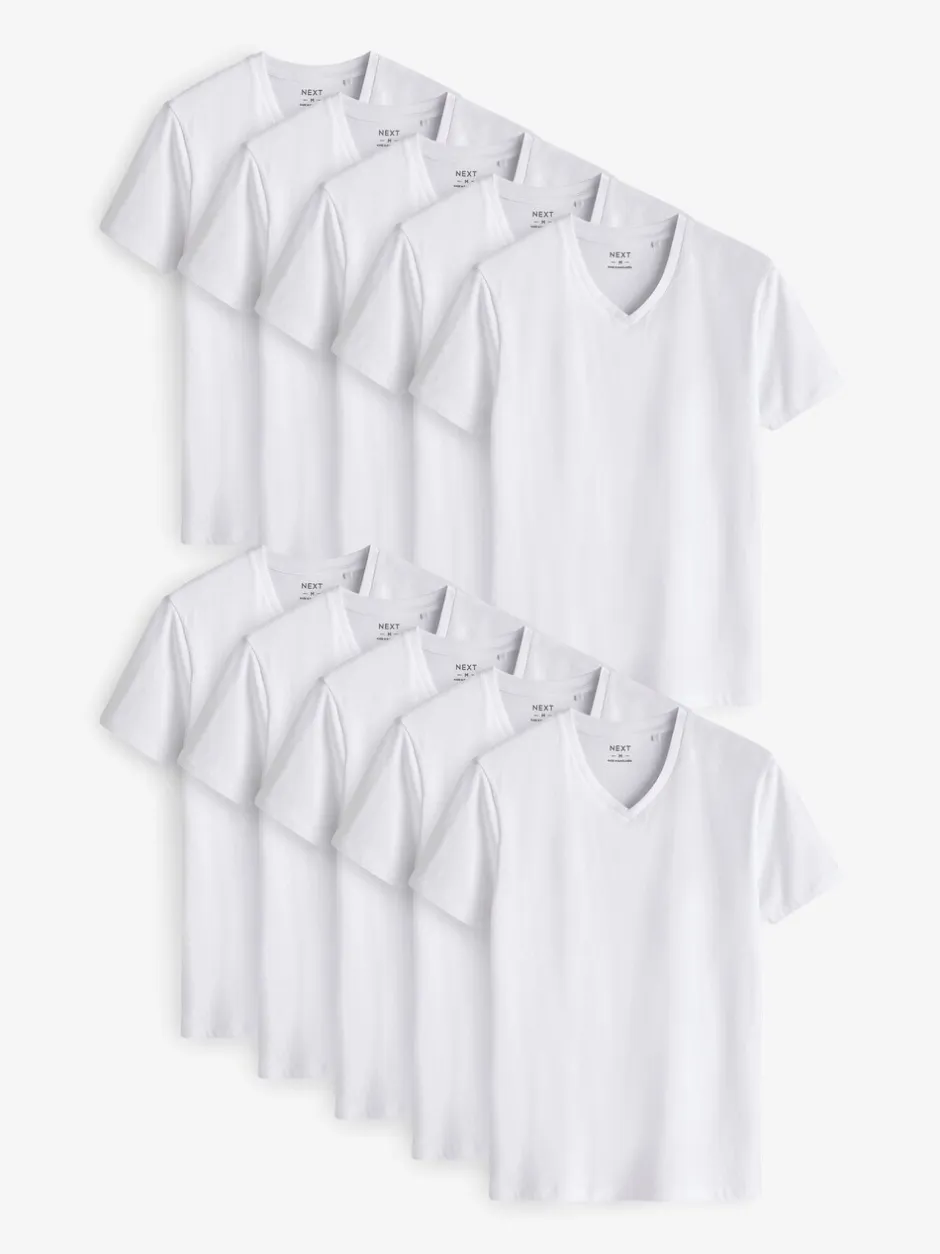Ondergoed|Ondergoed|Next Wit - Verpakking van 10 slim-fit 100% katoenen T-shirts met V-hals en laagjes