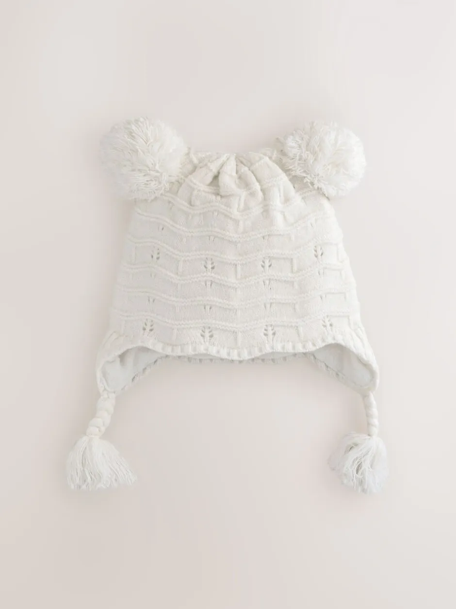 Mutsjes En Antikrabwantjes|Mutsen, Handschoenen En Sjaals*Next - Baby Pointelle Pilotenmuts met Dubbele Pompon (0mnd-2jr) Wit gebreid
