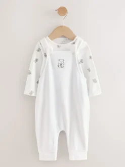 Tuinbroeken*Next Wit met berenprint - Velours babyset met bretelbroek en rompertje (0-12mnd)