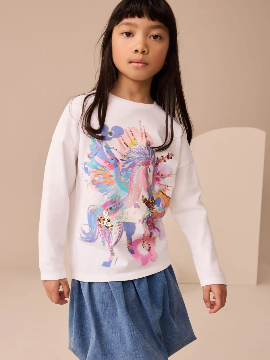 T-Shirts*Next Wit met eenhoornprint - Top met lange mouwen en pailletten (3-16jr)