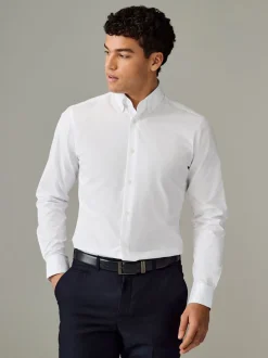 Formele Overhemden|Next Wit met knopen aan de kraag - Slim Fit - Strijkvrij net overhemd met enkele manchet